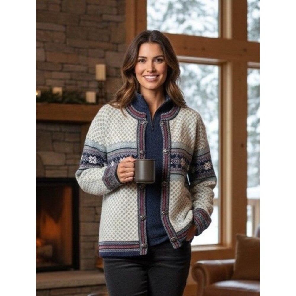 VTG Eagle's Eye Wool Fair Isle Nordic Snowflake Cardigan Sweater oversized S